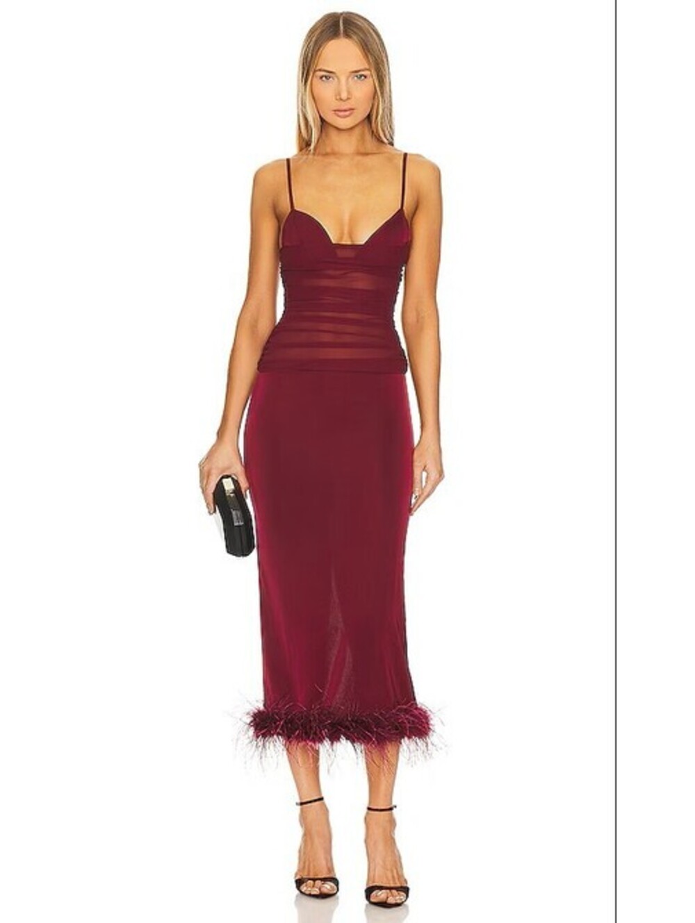 NWT NBD Rhiannon Oxblood Ruched Feather Trim Midi Dress XS